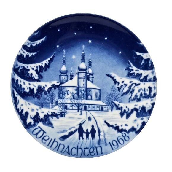 Vintage Bareuther Germany Bavarian China 1968 Christmas Plate Blue "The Chapel"" - Picture 1 of 9